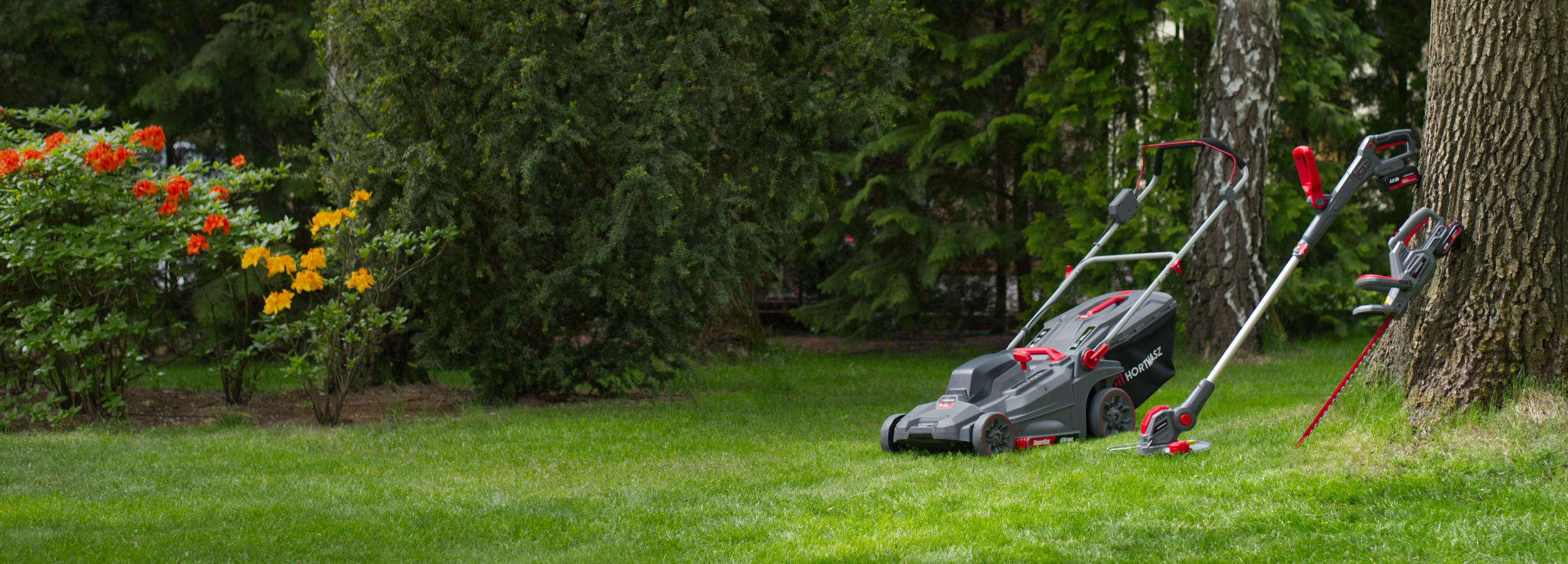 Urządzenia akumulatorowe Hortmasz: kosiarka akumulatorowa, podkaszarka akumulatorowa, nożyce do żywopłotu